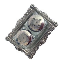 Load image into Gallery viewer, Vintage diamond pattern cut glass salt and pepper shakers with silver plate lids and tray. Crafted in Hong Kong, circa 1960s. A sweet set for your tablescape! In excellent vintage condition. Shakers measure 1 x 1 x 1 3/4 inches. Tray measures 3 1/8 x 2 3/8 inches.