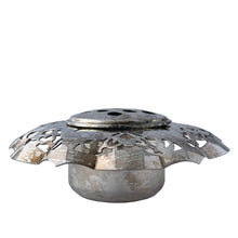 Load image into Gallery viewer, Silver plate flower frog vase side view showing fluted body and decorative pierced rim detail