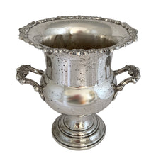 Load image into Gallery viewer, Vintage 1920s Primrose Plate silver-plated champagne bucket with ornate rim and sculptural handles, front view