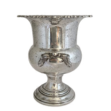 Load image into Gallery viewer, Vintage 1920s Primrose Plate silver-plated champagne bucket with ornate rim and sculptural handles, side view