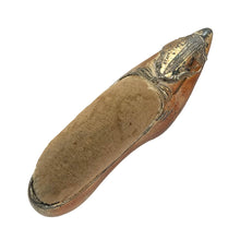 Load image into Gallery viewer, Vintage silver plated Empire State Building pin cushion shoe, having a superb design with an molded Empire State Building panel. A wonderful example of an early 20th century, (1930s), decorative and collectable souvenir.
The shoe is in good general condition, with age-related tarnishing of the silver plating and discolouration to the fabric of the pin cushion. Bottom marked "JB 1671".
Measures 5 1/2 x 1 1/2 x 2 1/2 inches