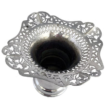 Load image into Gallery viewer, Elegant and timeless, this vintage silver plated trumpet-shaped flower vase features an ornately pierced square-shaped openwork rim, and banded body. This vase has all the hallmarks of a traditional vase from the early to mid 20th century. Crafted by Benedict-Proctor Mfg. Co. Ltd., Canada, 1925 - 1945. Paired with a flower frog, this stunning decorative vase makes it easy to create an elegant floral arrangement for weddings, period interiors, or curated vintage collections.