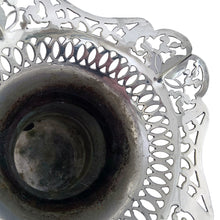 Load image into Gallery viewer, Elegant and timeless, this vintage silver plated trumpet-shaped flower vase features an ornately pierced square-shaped openwork rim, and banded body. This vase has all the hallmarks of a traditional vase from the early to mid 20th century. Crafted by Benedict-Proctor Mfg. Co. Ltd., Canada, 1925 - 1945. Paired with a flower frog, this stunning decorative vase makes it easy to create an elegant floral arrangement for weddings, period interiors, or curated vintage collections.