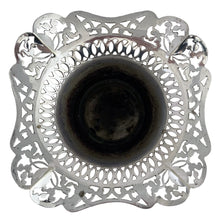 Load image into Gallery viewer, Elegant and timeless, this vintage silver plated trumpet-shaped flower vase features an ornately pierced square-shaped openwork rim, and banded body. This vase has all the hallmarks of a traditional vase from the early to mid 20th century. Crafted by Benedict-Proctor Mfg. Co. Ltd., Canada, 1925 - 1945. Paired with a flower frog, this stunning decorative vase makes it easy to create an elegant floral arrangement for weddings, period interiors, or curated vintage collections.
