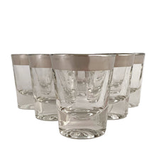 Load image into Gallery viewer, Set of six vintage Dorothy Thorpe style shot glasses with wide silver bands.