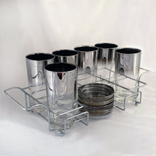 Load image into Gallery viewer, Complete vintage Queen's Lustreware set featuring six silver fade tumblers and four coasters in a chrome caddy.