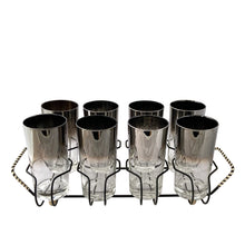 Load image into Gallery viewer, Set of 8 vintage silver fade highball tumblers in black wire caddy with striped wrapped handles, Vitreon Queen's Lustreware, 1960s