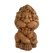 Load image into Gallery viewer, Adorable smiling sleepy lion ceramic coin bank. Atlantic Mold, USA. This piece was painted in 1980 and is marked "Fisher 80", plus the Atlantic Mold ©. A nice hand painted hobbyist creation that is glazed in a neutral matte camel brown glaze making it easy to fit in with any decor. In excellent condition, free from chips/cracks. Measures 4 1/2 x 5 3/4 x 8 inches