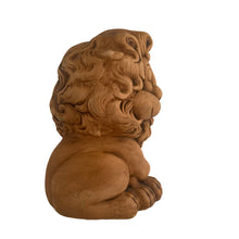 Load image into Gallery viewer, Adorable smiling sleepy lion ceramic coin bank. Atlantic Mold, USA. This piece was painted in 1980 and is marked "Fisher 80", plus the Atlantic Mold ©. A nice hand painted hobbyist creation that is glazed in a neutral matte camel brown glaze making it easy to fit in with any decor. In excellent condition, free from chips/cracks. Measures 4 1/2 x 5 3/4 x 8 inches
