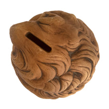 Load image into Gallery viewer, Adorable smiling sleepy lion ceramic coin bank. Atlantic Mold, USA. This piece was painted in 1980 and is marked "Fisher 80", plus the Atlantic Mold ©. A nice hand painted hobbyist creation that is glazed in a neutral matte camel brown glaze making it easy to fit in with any decor. In excellent condition, free from chips/cracks. Measures 4 1/2 x 5 3/4 x 8 inches