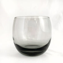 Load image into Gallery viewer, Close-up of Libbey smokey gray roly poly glass showing weighted mid-century design