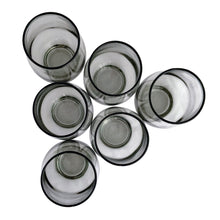 Load image into Gallery viewer, Overhead view of 6 vintage smoke Libbey Tempo glass tumblers showing open rims and smoky glass interiors