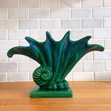 Load image into Gallery viewer, Vintage mid-century blue green drip glaze "Sea Snail" ceramic vase, shape R-299. Designed by Royal Hickman for Royal Haeger Pottery, USA, early 1940s. A gorgeous addition to any art pottery collection! In excellent condition, free from chips/cracks/repairs. Measures 11 1/2 x 3 1/8 x 7 inches