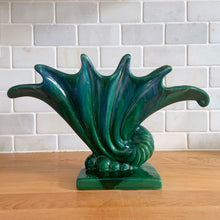 Load image into Gallery viewer, Vintage mid-century blue green drip glaze "Sea Snail" ceramic vase, shape R-299. Designed by Royal Hickman for Royal Haeger Pottery, USA, early 1940s. A gorgeous addition to any art pottery collection! In excellent condition, free from chips/cracks/repairs. Measures 11 1/2 x 3 1/8 x 7 inches