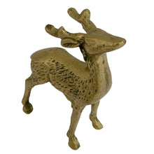 Load image into Gallery viewer, Vintage solid cast brass deer figurine, three-quarter front-left view, standing with head raised, engraved coat texture and antlers, aged golden patina, 1970s Taiwan
