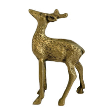 Load image into Gallery viewer, Left-side profile of vintage solid cast brass deer figurine with head raised, engraved spotted coat texture, aged golden patina, 1970s Taiwan