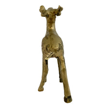 Load image into Gallery viewer, Rear view of vintage solid cast brass deer figurine standing upright, antlers visible from behind, aged golden patina, 1970s Taiwan