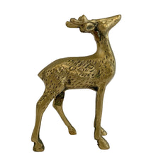 Load image into Gallery viewer, Right-side profile of vintage solid cast brass deer figurine with head tilted back, engraved coat texture and antler detail, aged golden patina, 1970s Taiwan