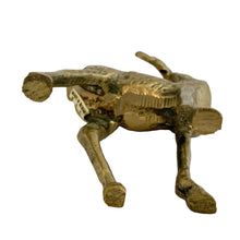Load image into Gallery viewer, Underside view of vintage solid cast brass deer figurine showing original "Made in Taiwan R.O.C." foil sticker, aged brass, 1970s
