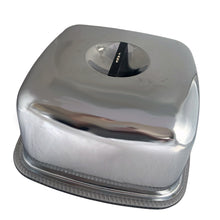 Load image into Gallery viewer, Fabulous vintage mid-century square cake keeper with clear pressed glass footed cake stand featuring a wavy pattern and chrome dome lid with Bakelite handle labeled CAKE in white letters. Crafted by Kromex, Circa 1950s. The perfect way to safely store and keep your pretty cakes fresh and ready to serve!
In excellent condition, minimal wear, no chips to the glass plate.
Cake stand measures 12 5/8 x 1 1/4 inches
Chrome dome measures 11 3/4 x 11 3/4 x 6 inches