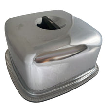 Load image into Gallery viewer, Fabulous vintage mid-century square cake keeper with clear pressed glass footed cake stand featuring a wavy pattern and chrome dome lid with Bakelite handle labeled CAKE in white letters. Crafted by Kromex, Circa 1950s. The perfect way to safely store and keep your pretty cakes fresh and ready to serve!
In excellent condition, minimal wear, no chips to the glass plate.
Cake stand measures 12 5/8 x 1 1/4 inches
Chrome dome measures 11 3/4 x 11 3/4 x 6 inches