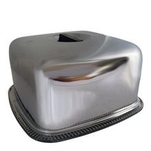 Load image into Gallery viewer, Fabulous vintage mid-century square cake keeper with clear pressed glass footed cake stand featuring a wavy pattern and chrome dome lid with Bakelite handle labeled CAKE in white letters. Crafted by Kromex, Circa 1950s. The perfect way to safely store and keep your pretty cakes fresh and ready to serve!
In excellent condition, minimal wear, no chips to the glass plate.
Cake stand measures 12 5/8 x 1 1/4 inches
Chrome dome measures 11 3/4 x 11 3/4 x 6 inches
