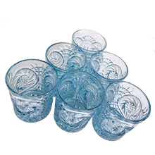 Load image into Gallery viewer, Side view of Fostoria Stowe light blue double old fashioned glass showing clarity of the pattern