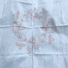Load image into Gallery viewer, Vintage white cotton tablecloth with a stamped pattern of strawberries and vines. These Bucilla kit tablecloths were intended to be painted with Tri-Chem Liquid Embroidery pens, but can easily be stitched with embroidery floss to create a beautiful table covering. In excellent condition, no stains/tears. Measures 54 x 69 inches