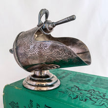 Load image into Gallery viewer, This vintage silver plated sugar scuttle and scoop set, etched with a design of fluorishes and florals. It's just a beautiful vessel for sugar cubes or bath salts. Produced by Barker Ellis Silver Co Ltd, Birmingham England, circa 1960s.