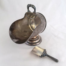 Load image into Gallery viewer, This vintage silver plated sugar scuttle and scoop set, etched with a design of fluorishes and florals. It's just a beautiful vessel for sugar cubes or bath salts. Produced by Barker Ellis Silver Co Ltd, Birmingham England, circa 1960s.