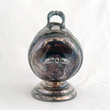 Load image into Gallery viewer, This vintage silver plated sugar scuttle and scoop set, etched with a design of fluorishes and florals. It's just a beautiful vessel for sugar cubes or bath salts. Produced by Barker Ellis Silver Co Ltd, Birmingham England, circa 1960s.