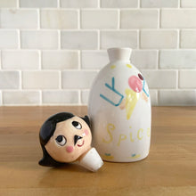 Load image into Gallery viewer, Vintage "Sugar and Spice and Everything Nice" decanters and jar lid. Created by Earl Bernhard and made in Japan. Sweet decorative ceramics! Sugar and Spice decanter jars measure 2 1/8 x 5 1/4 Everything Nice lid measures 2 1/4 x 3 1/8 (chip to underside of rim)