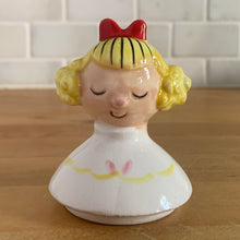 Load image into Gallery viewer, Vintage "Sugar and Spice and Everything Nice" decanters and jar lid. Created by Earl Bernhard and made in Japan. Sweet decorative ceramics! Sugar and Spice decanter jars measure 2 1/8 x 5 1/4 Everything Nice lid measures 2 1/4 x 3 1/8 (chip to underside of rim)