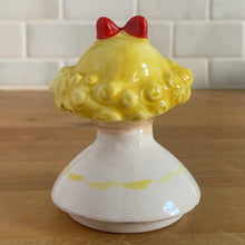 Load image into Gallery viewer, Vintage "Sugar and Spice and Everything Nice" decanters and jar lid. Created by Earl Bernhard and made in Japan. Sweet decorative ceramics! Sugar and Spice decanter jars measure 2 1/8 x 5 1/4 Everything Nice lid measures 2 1/4 x 3 1/8 (chip to underside of rim)