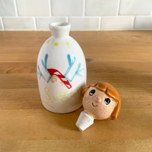 Load image into Gallery viewer, Vintage "Sugar and Spice and Everything Nice" decanters and jar lid. Created by Earl Bernhard and made in Japan. Sweet decorative ceramics! Sugar and Spice decanter jars measure 2 1/8 x 5 1/4 Everything Nice lid measures 2 1/4 x 3 1/8 (chip to underside of rim)