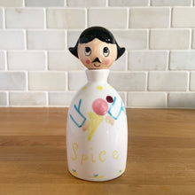 Load image into Gallery viewer, Vintage "Sugar and Spice and Everything Nice" decanters and jar lid. Created by Earl Bernhard and made in Japan. Sweet decorative ceramics! Sugar and Spice decanter jars measure 2 1/8 x 5 1/4 Everything Nice lid measures 2 1/4 x 3 1/8 (chip to underside of rim)