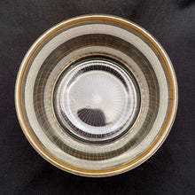 Load image into Gallery viewer, Overhead view of 1950s frosted glass ice bucket with graduating gold stripes