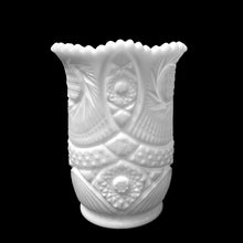 Load image into Gallery viewer, This vintage "Sunburst" milk glass celery or vase features a heavily detailed design of sunbursts, canes and ribs with a scalloped smooth sawtooth edge. Crafted by Kemple Glass, USA, 1950s from the original McKee mold. A beautiful piece! In excellent condition, no chips. Measures 4 1/4 x 5 1/2 inches