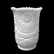 Load image into Gallery viewer, This vintage "Sunburst" milk glass celery or vase features a heavily detailed design of sunbursts, canes and ribs with a scalloped smooth sawtooth edge. Crafted by Kemple Glass, USA, 1950s from the original McKee mold. A beautiful piece! In excellent condition, no chips. Measures 4 1/4 x 5 1/2 inches