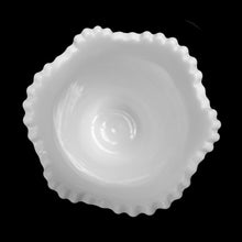 Load image into Gallery viewer, This vintage "Sunburst" milk glass celery or vase features a heavily detailed design of sunbursts, canes and ribs with a scalloped smooth sawtooth edge. Crafted by Kemple Glass, USA, 1950s from the original McKee mold. A beautiful piece! In excellent condition, no chips. Measures 4 1/4 x 5 1/2 inches