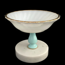Load image into Gallery viewer, Vintage Italian milk glass compote dish, front view showing swirl-patterned bowl with scalloped gold rim on aqua pedestal and round white marble base, Italy