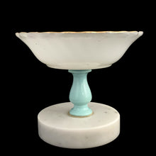 Load image into Gallery viewer, Vintage Italian milk glass compote dish, side profile showing smooth exterior of swirl bowl, aqua baluster pedestal, and white marble base, Italy