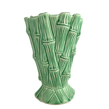 Load image into Gallery viewer, Vintage SylvaC bamboo trumpet vase #2752, angled view showing full height, flared foot, and matte green glaze, Shaw & Copestake, England, 1950s–60s