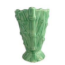 Load image into Gallery viewer, Close-up of SylvaC vase #2752 rim and upper body, showing asymmetrical edge and overlapping bamboo stalk relief in matte green ceramic