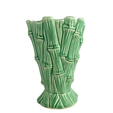 Load image into Gallery viewer, Side view of vintage SylvaC bamboo trumpet vase #2752, showing elongated form and flared ceramic foot, matte green glaze, England, 1950s–60s