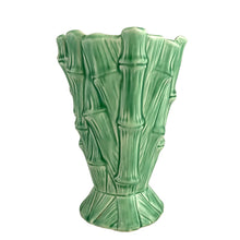 Load image into Gallery viewer, Detail view of bamboo relief on vintage SylvaC ceramic vase #2752, matte green glaze with no chips or cracks, mid-century English pottery