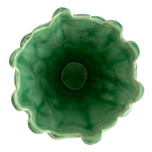 Load image into Gallery viewer, Overhead view of the vintage SylvaC bamboo trumpet vase #2752 shown at full scale, 5¼ × 7 inches, matte green ceramic, Shaw & Copestake, England, excellent condition