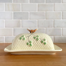 Load image into Gallery viewer, Rare Vintage Sylvia Shamrock Honeycomb Bee Ceramic Lidded Butter Dish, Lefton, Japan
