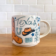 Load image into Gallery viewer, Perfect for your morning cuppa joe! This fabulous collectible TEXAS ceramic mug was produced by Starbucks as part of their "Been There Series" Across The Globe Collection, 2018. A white ceramic mug printed design in shades of blue and orange with orange interior. Celebrate the lonestar state! In excellent condition, free from chips/cracks/wear. Measures 3 5/8 x 3 3/8 inches Capacity 14 ounces