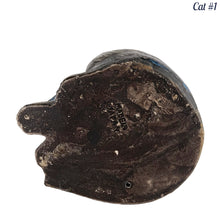 Load image into Gallery viewer, Vintage skillfully hand painted figural tabby cat ceramic planters with intense expressions. These planters have a distinct painting style and date to the 1930s. Features a dark charcoal tabby cat with soulful gray eyes and gray ears, wearing a blue bow tie. In excellent condition, free from chips/cracks/repairs. Impressed mark on the bottom reads, Made in Japan. Measure 6 1/8 x 4 1/2 x 7 inches